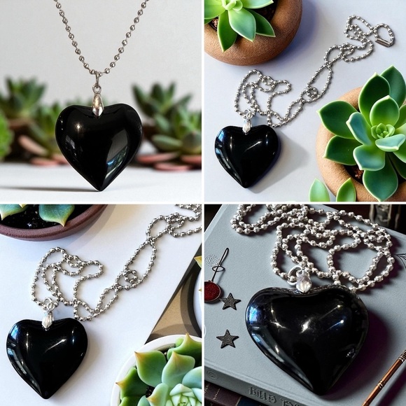 Chic Solid Glass Black Heart Pendant Necklace 20” chain - Picture 15 of 16